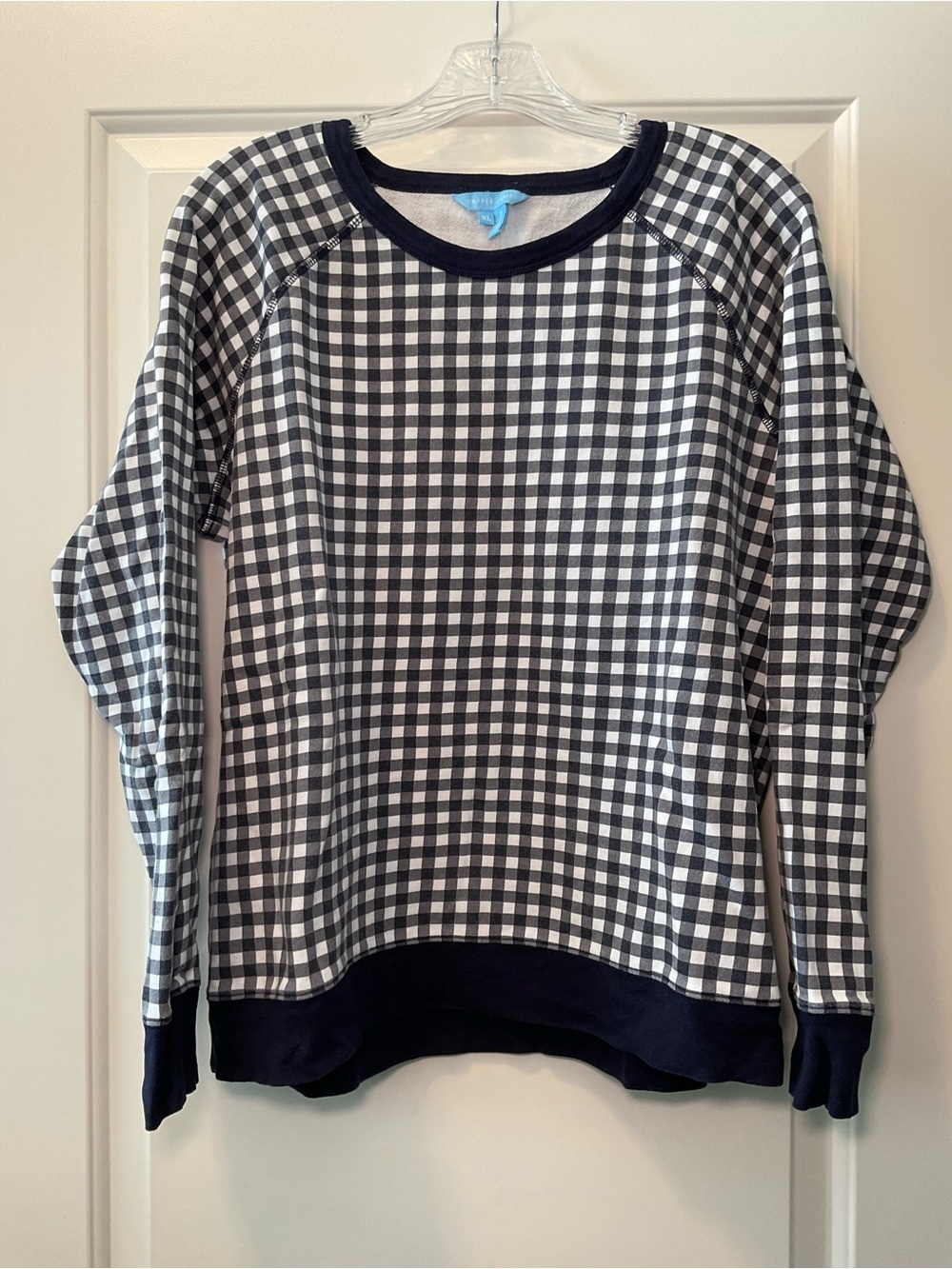Draper James Blue and White Gingham Crewneck Sweater